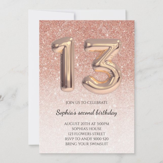 Teen 13th Birthday Rose Gold Glitter Foil Balloon Invitation (Front)