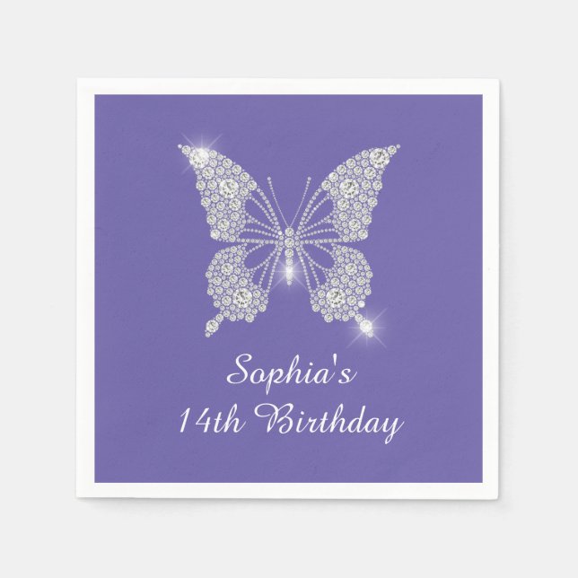 Teen B'day, Diamond Butterfly Name Age, Periwinkle Napkin (Front)