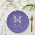Teen B'day, Diamond Butterfly Name Age, Periwinkle Paper Plate<br><div class="desc">Teen girl's birthday with white diamond butterfly design to personalise name and age in white script text on periwinkle background.</div>