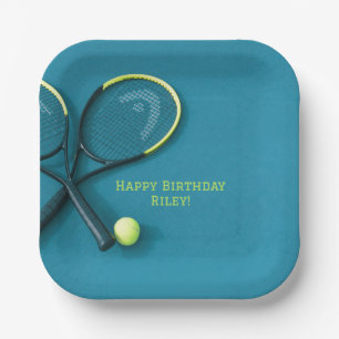 Teen Birthday Cyan Court Rackets Tennis Ball Paper Plate