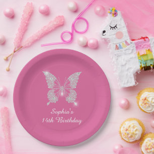 Teen Birthday, Diamond Butterfly, Name Age, Pink Paper Plate