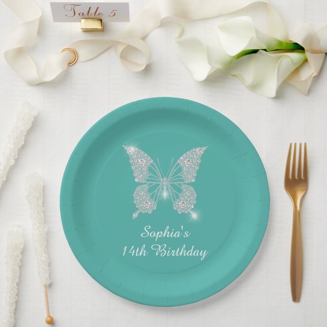 Teen Birthday, Diamond Butterfly, Name Age, Teal Paper Plate (Wedding)