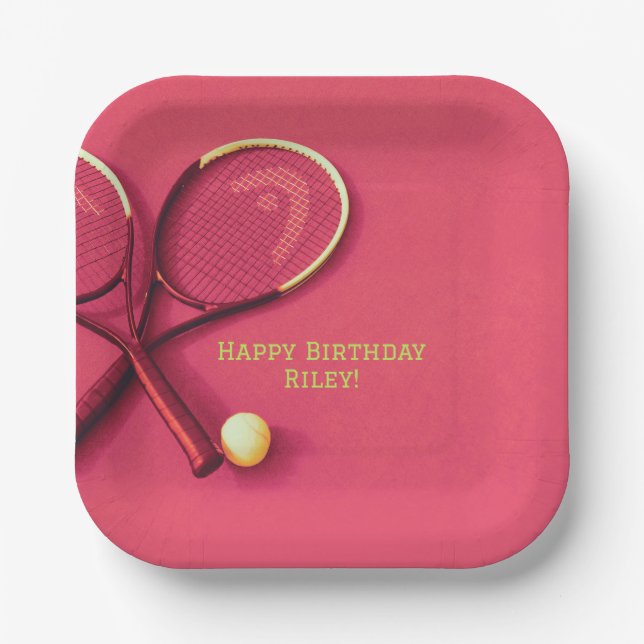 Teen Birthday Pink Court Rackets Tennis Ball Paper Plate (Front)