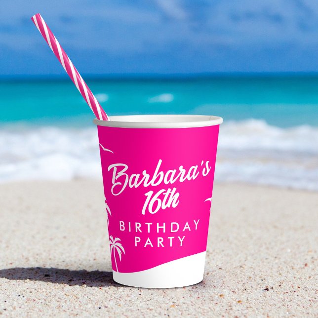 Teen Birthday Trendy Beach Hot Pink Sweet 16  Paper Cups (In Situ on beach)