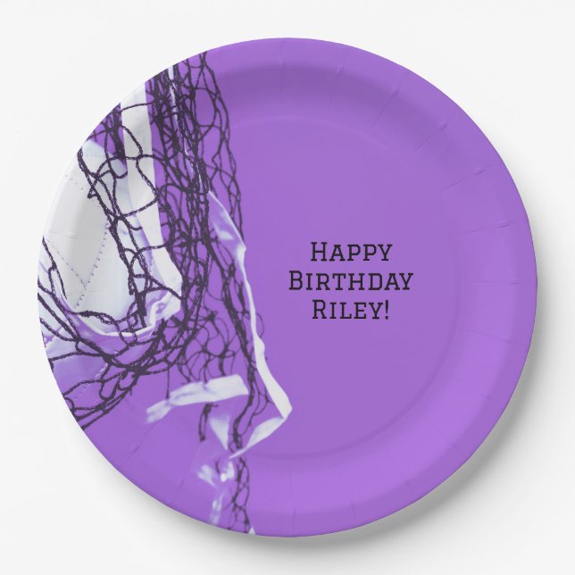 Teen Bold Purple Birthday Party Net & Volleyball  Paper Plate (Front)