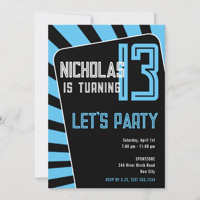Teen Boy 13th Birthday-Any Age Black, Blue Invitation (Front)