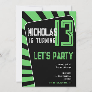 Teen Boy 13th Birthday-Any Age Black Green Invitation