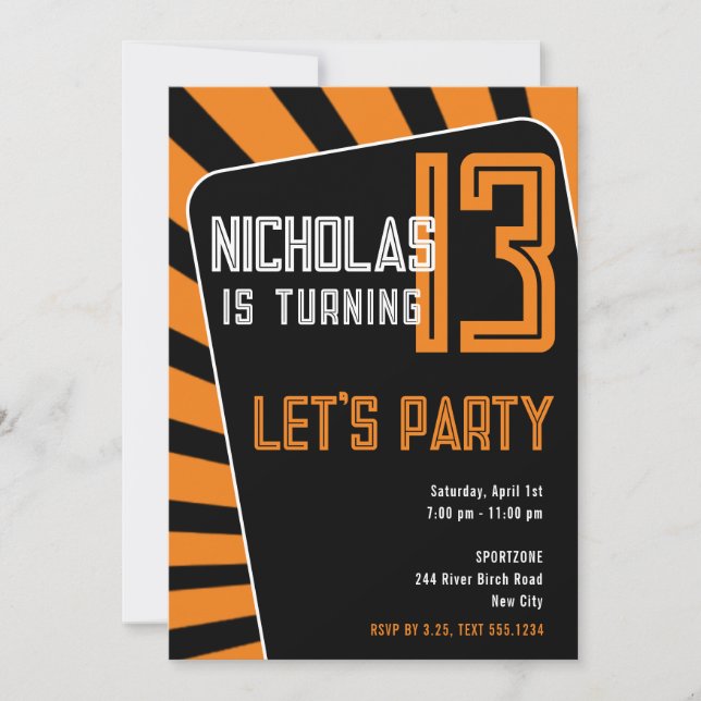 Teen Boy 13th Birthday-Any Age Black, Orange Invitation (Front)