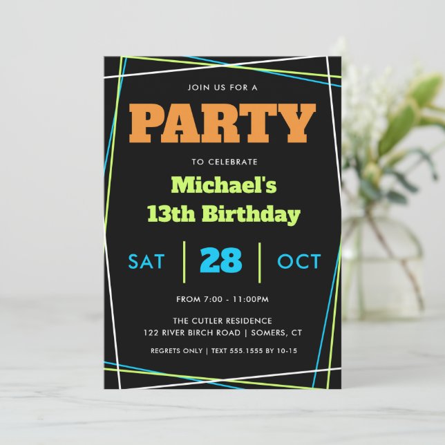 Teen Boy Birthday, 13 or Any Age Blue Green Orange Invitation (Standing Front)