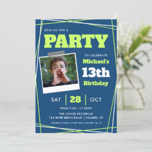 Teen Boy Birthday, 13 or Any Age, Blue Green Photo Invitation