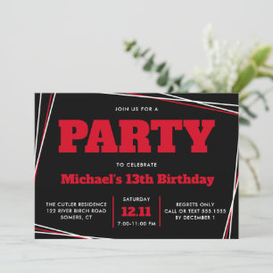 Teen Boy Birthday, 13 or Any Age, Red Black Invitation
