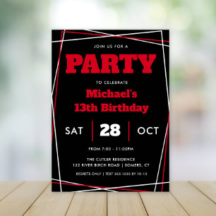 Teen Boy Birthday, 13 or Any Age, Red Black Invitation