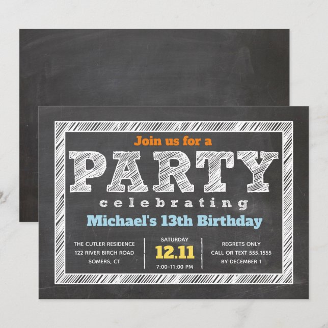Teen Boy Birthday Invitation Chalkboard Multicolor (Front/Back)