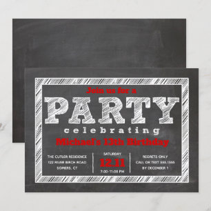 Teen Boy Birthday Invitation, Chalkboard, Red Invitation