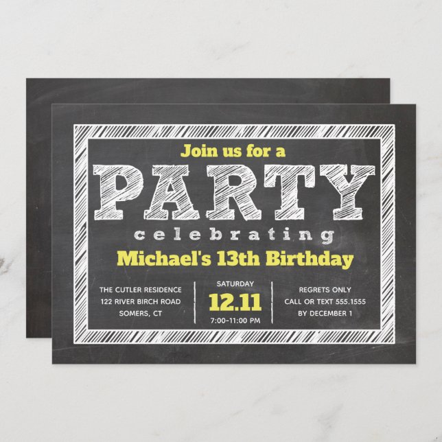 Teen Boy Birthday Invitation, Chalkboard, Yellow Invitation (Front/Back)