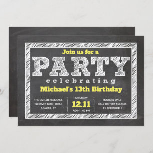 Teen Boy Birthday Invitation, Chalkboard, Yellow Invitation