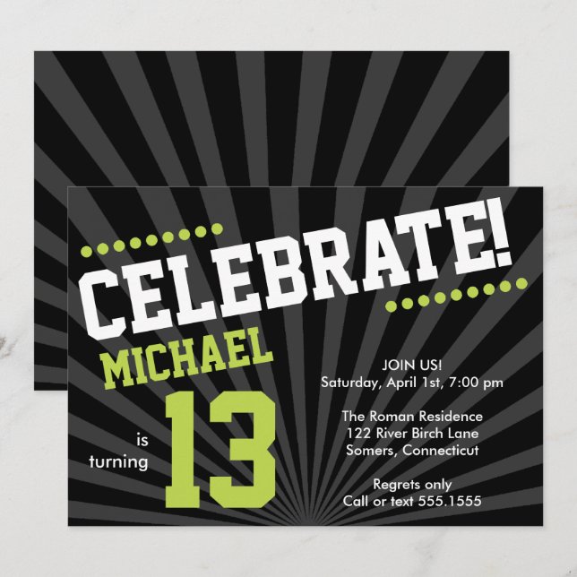 Teen Boy Birthday Invitation, Lime Green and Black Invitation (Front/Back)