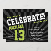 Teen Boy Birthday Invitation, Lime Green and Black