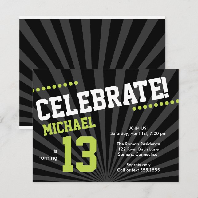 Teen Boy Birthday Invitation, Lime Green and Black Invitation (Front/Back)