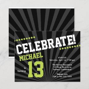 Teen Boy Birthday Invitation, Lime Green and Black Invitation