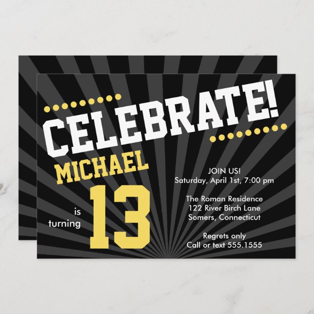 Teen Boy Birthday Invitation, Yellow and Black Invitation (Front/Back)