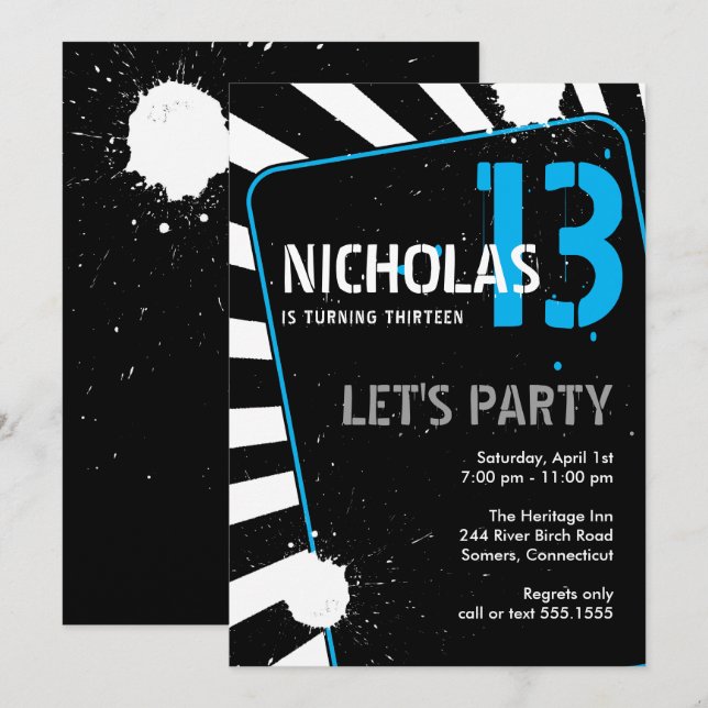 Teen Boy Party Invitation | Blue (Front/Back)