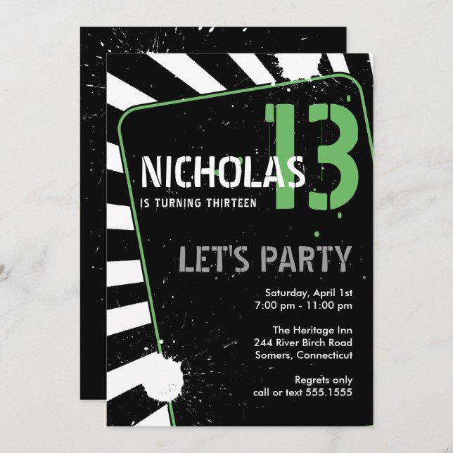 Teen Boy Party Invitation | Green (Front/Back)