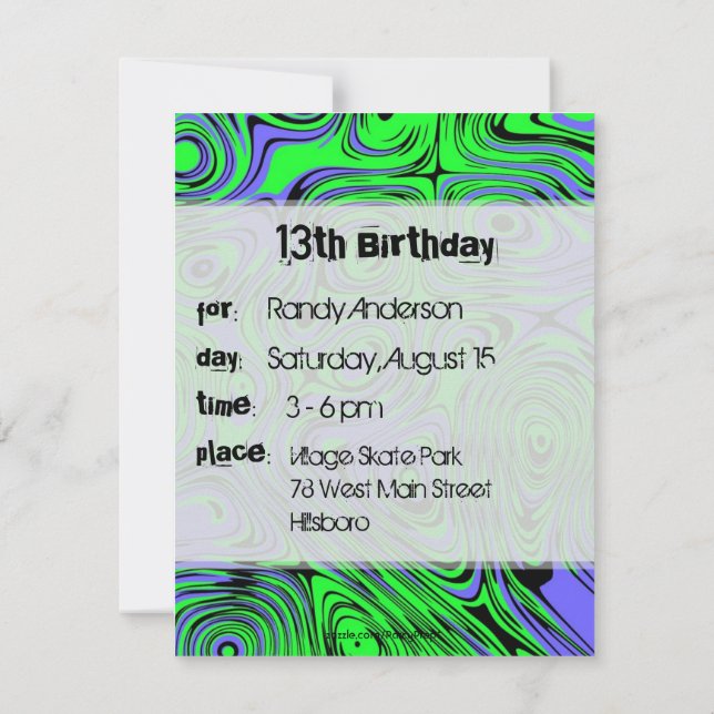 Teen Boys Birthday Party Invitations, Green Invitation (Back)