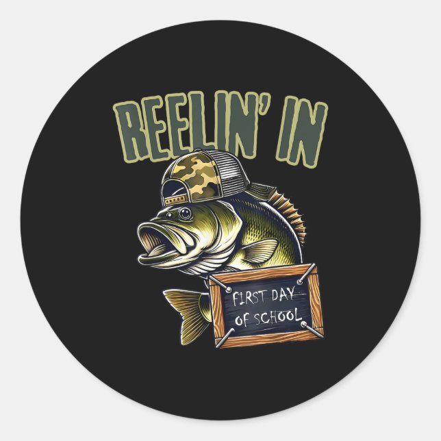 Teen Boys Fishing Reeling In First Day Of School B Classic Round Sticker (Front)