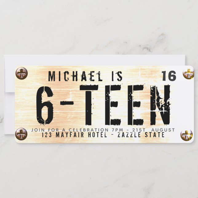 Teen Car LICENSE Plate Boy Girl 16 17 18 19 Invitation (Front)