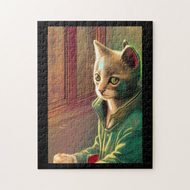 Teen cat green sweater urban alien  jigsaw puzzle (Vertical)