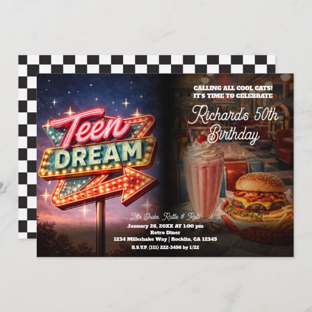 Teen Dream Retro 50's Style Diner Birthday Party Invitation (Front/Back)