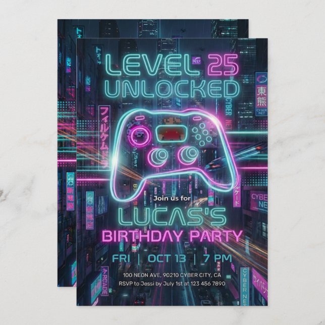 Teen Gamer Birthday Invitation Cyberpunk Game  (Front/Back)
