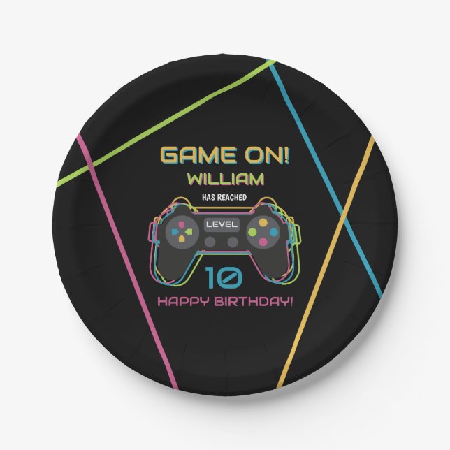 Teen Gaming Gamer Video Game Player Neon Birthday Paper Plate (Front)