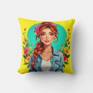 Teen Girl Aesthetic – Floral Cartoon Portrait Cushion