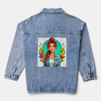 Teen Girl Aesthetic – Floral Cartoon Portrait Denim Jacket
