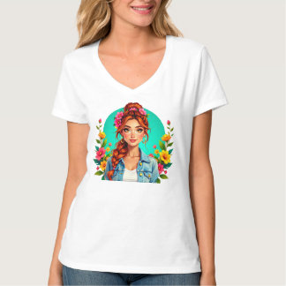 Teen Girl Aesthetic – Floral Cartoon Portrait T-Shirt