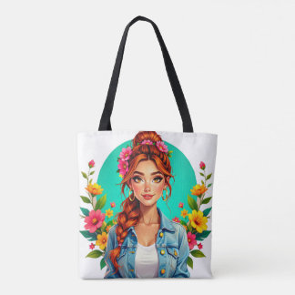 Teen Girl Aesthetic – Floral Cartoon Portrait Tote Bag