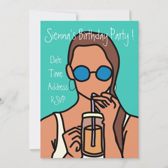 Teen girl bubble tea colourful cute birthday party invitation (Front)