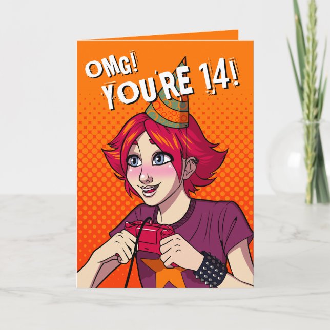 Teen Girl Cute Punk Gamer 14th Birthday Card (Front)