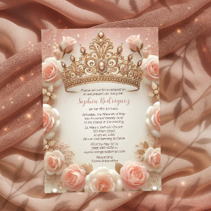 Teen Girl Elegant Blush Roses Crown Quinceañera Invitation