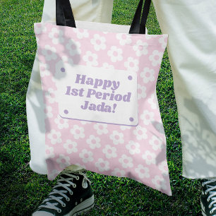 Teen Girl First Period Pastel Pink Flower Pattern Tote Bag