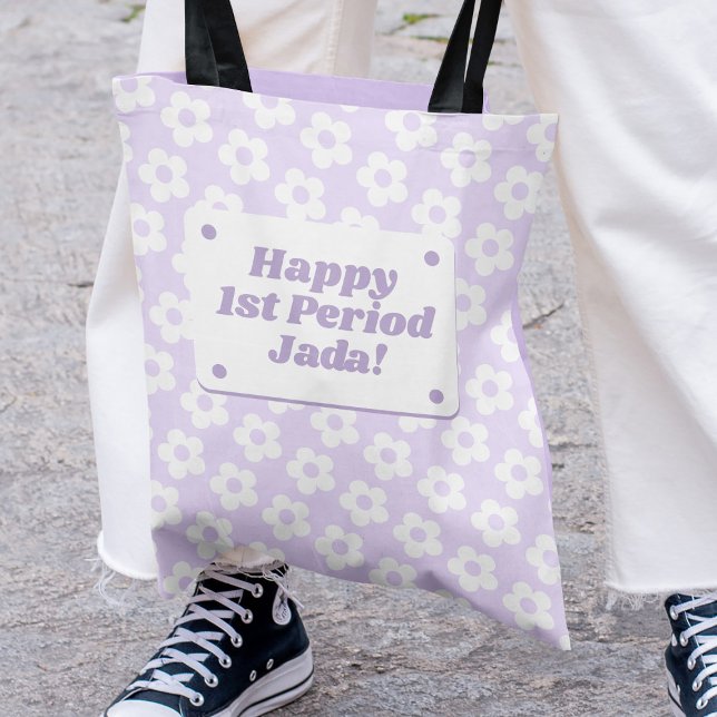 Teen Girl First Period Purple Flower Pattern Tote Bag (In Situ)