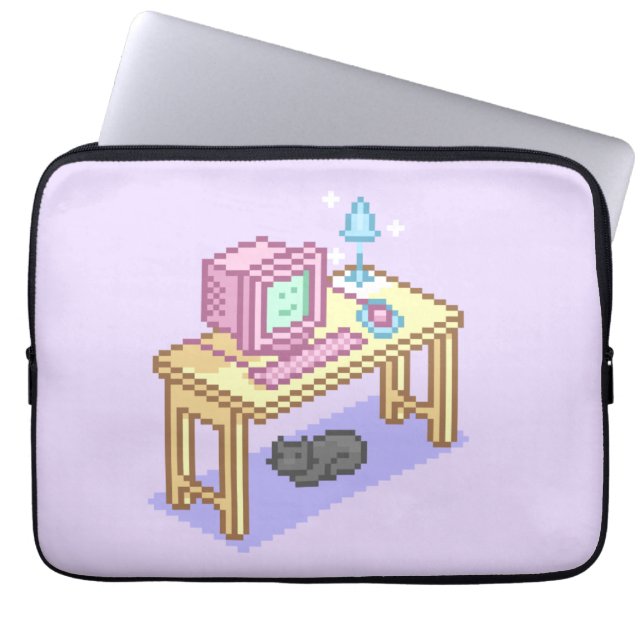 Teen Girl Geeky Pink Yellow Pixel Art Computer Laptop Sleeve (Front)