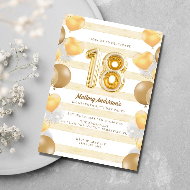 Teen Girl Gold Balloon 18th Birthday Party  Invitation (Teen Girl Gold Balloon 18th Birthday Party Invitation)