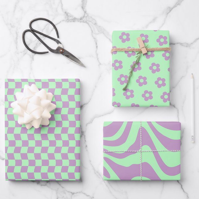 Teen Girl Groovy Purple Green Wavy Chequered Daisy Wrapping Paper Sheet (Front)