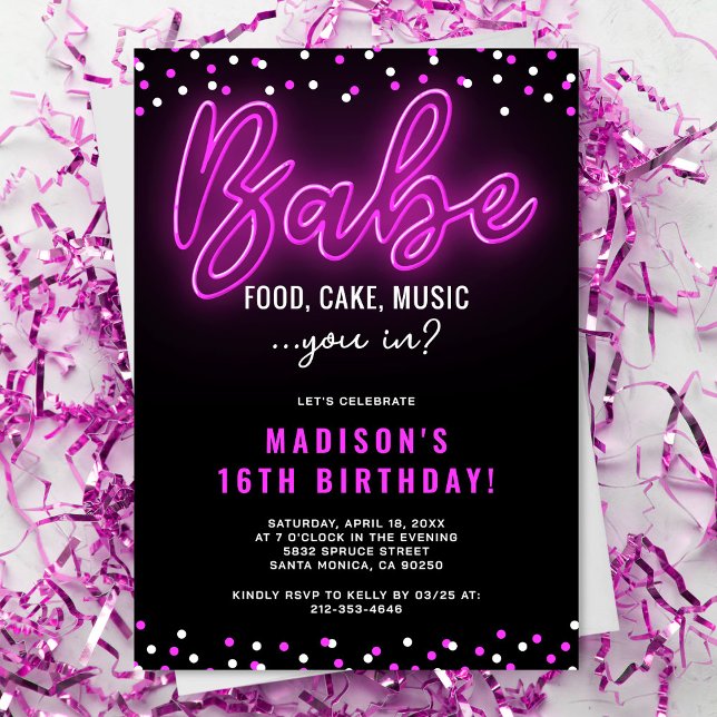 Teen Girl Neon Babe Birthday Party Invitation (Creator Uploaded)