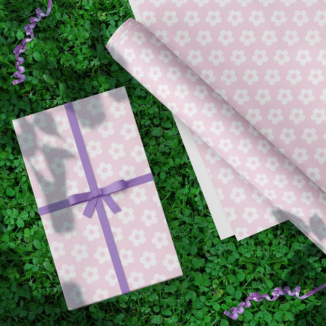 Teen Girl Pastel Pink White Daisy Flower Wrapping Paper (In Situ on clover bed)