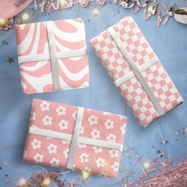 Teen Girl Pastel Pink White Wavy Chequered Flower Wrapping Paper Sheet (Teen Girl Pastel Pink White Wavy Checkered Flower Wrapping Paper Sheets)