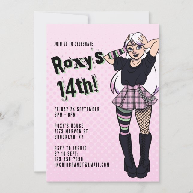 Teen Girl Pink Cartoon Punk 14th Birthday Invitation (Front)